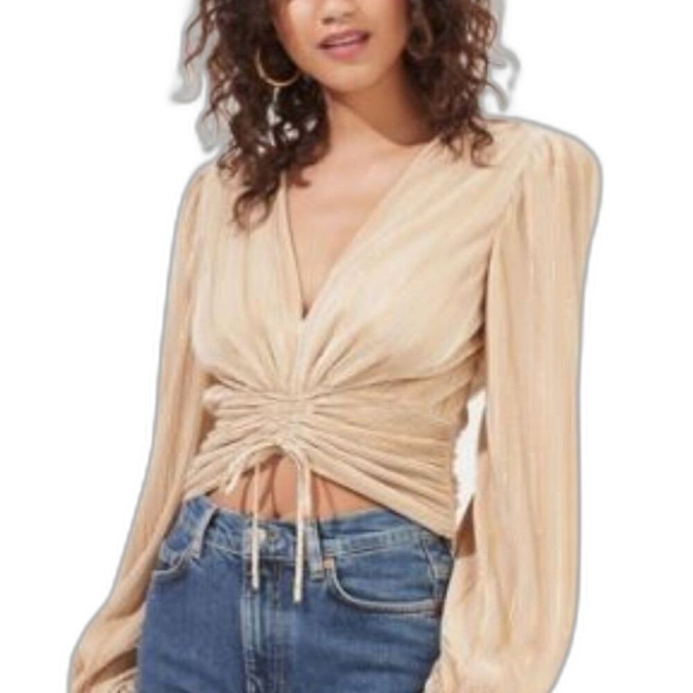 ASTR Women’s Large Rouched Beige Offwhite Longsleeve Top Blouse Tie Cinch